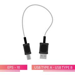 USB type A - USB type B, adapter, extension cable. On a white background. Flat vector illustration.