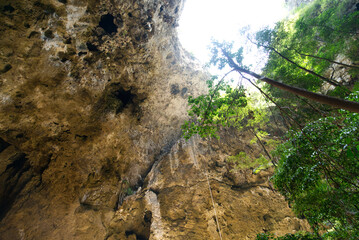 Light through a limestone mountain cave