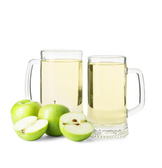 Mugs of apple cider on white background