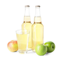 Bottles and glass of apple cider on white background