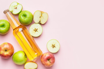 Composition with bottle of apple cider on color background