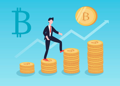 vector hand drawn illustration - a man runs on stacks of bitcoins. Crypto currency price and value increase concept. trendy illustration in flat style