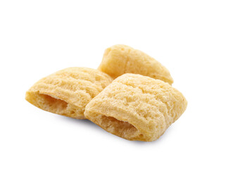 Tasty corn pillows on white background
