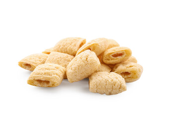 Tasty corn pillows on white background