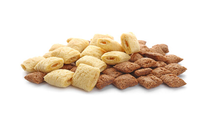 Tasty corn pillows on white background