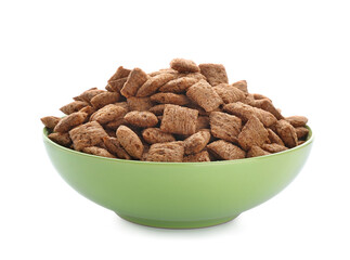 Bowl with tasty corn pillows on white background