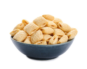 Bowl with tasty corn pillows on white background