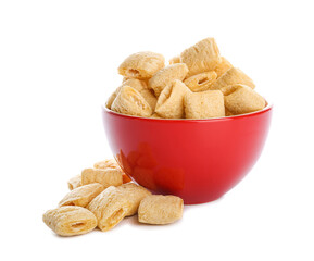 Bowl with tasty corn pillows on white background