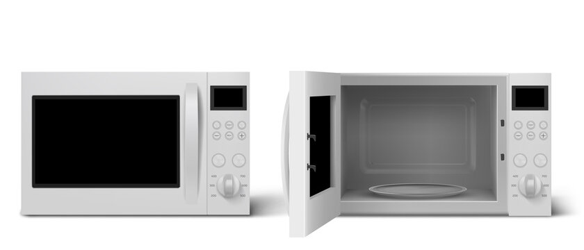 Modern microwave oven with open and closed door. Kitchen electric appliance for cooking and defrost food. Vector realistic 3d empty white microwave oven with display, buttons and glass plate