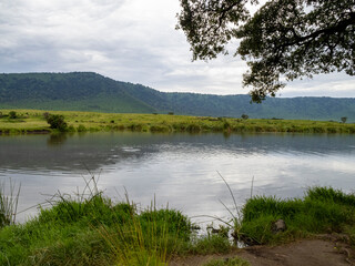 Ngorongoro Crater, Tanzania, Africa - March 1, 2020: Calm lake in Ngorongoro Crater