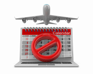 sign stop, airplane and calendar on white background. Isolated 3D illustration
