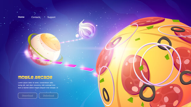 Funny mobile game website with food planets in outer space. 2d arcade videogame for play on phone. Vector landing page with cartoon galaxy and planets with, pizza, meringue and fried egg texture