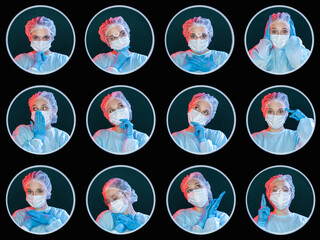 Medical collage. Doctor portrait. Healthcare worker. Pensive inspired relaxed female surgeon in protective face mask blue ppe circle headshot avatar collection isolated on black set of 12.
