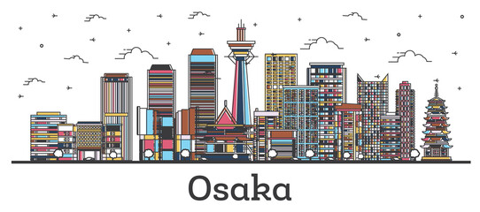 Fototapeta premium Outline Osaka Japan City Skyline with Colored Buildings Isolated on White.