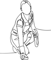 Woman using sponge and detergent for floor minimal concept one line