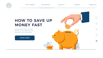 How to Save Up Money Fast homepage template. Businessman's hand puts coin into the piggy bank for saving up money. financial services, savings account vector illustration. Modern flat cartoon design