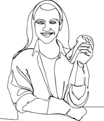 Portrait of cheerful young lady with sanitary equipment looking at camera and smiling. Cheerful millennial housewife holding bucket full of cleaning supplies at modern apartme minimal concept one line