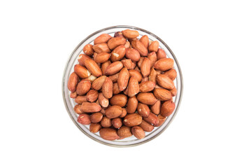 peanuts in a glass bowl on a white background.