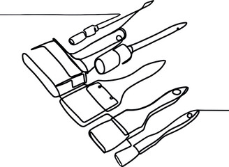 Set of six brushes. Brushes of various sizes for repairing and painting walls and ceilings, as well as large minimal concept one line