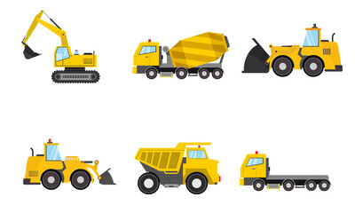 Construction machines set transportation for the construction site, cargo truck, excavator, crane, tractor. Machines, bulldozers Special equipment  Vector illustration