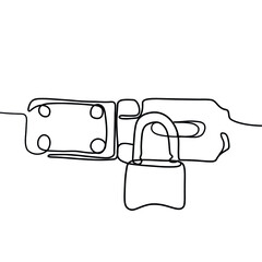 Large padlock on the door with a line. Key lock. Drawing in black and white, strong lock in one line.