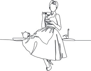 Woman in the kitchen with a cup of hot drink. The girl is drinking tea. Teapot tea and a beautiful drawing girl on black-white background. The woman is resting with tea. Mug with a drink line minimal