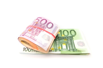 500 and 100 euros on a white background. Close-up.
