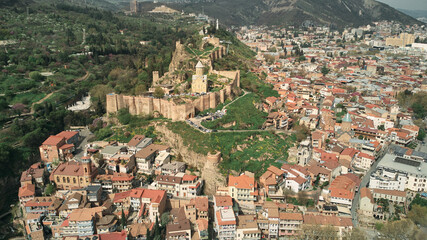 Fototapeta premium Aerial view of the Narikala fortress and the Church of St. Nicholas. District of Old Tbilisi