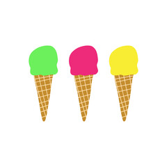 Hand drawn illustration of waffle cones with red, green, yellow balls of ice cream or gelato. Isolated on white background.
