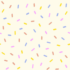 Line art vector illustration of pink, brown, yellow, blue colors ice cream sprinkles in pastel colors. Seamless pattern.