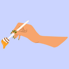 Honey stick. A honey stick in a woman's hand. Stylish flat illustration. Isolated element on a blue background. Vector.