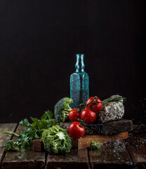 still life with oil and vegetables
