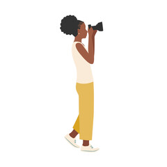 Beautiful black girl photographer with a camera looks into the lens. Vector illustration on white background.