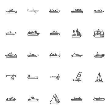 Ships and boats line icons set
