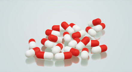 Drug. Red and white antibiotics capsule. Medicines for medical Used for background Or enter a message. 3D render illustration.