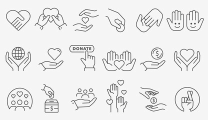 Charity icon set. Collection of donate, volunteer, care and more. Editable stroke. - 428724396