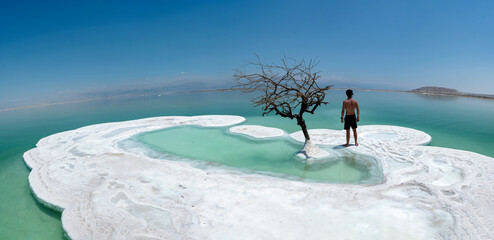 A man and a lonely tree on salt island in Dead Sea, Israel.