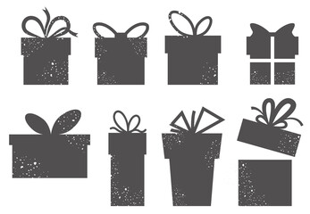 A set of simple gift boxes. Textured icons. Silhouettes of the boxes. Vector