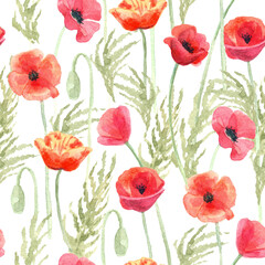 Beautiful seamless pattern with poppy flowers. Hand painted watercolor illustration on white background. Great for fabrics, wrapping papers, wallpapers, covers. Red and green  colors.