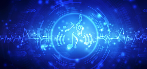 Abstract Colorful music background with notes, futuristic abstract glowing music wave background