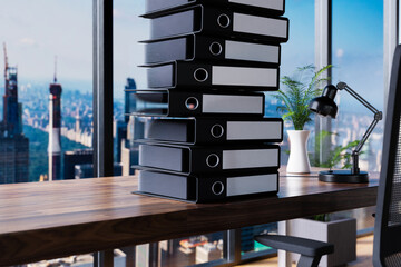 large stack of office binder file folder on wooden desk in modern office; skyline view; burnout overworked concept; 3D Illustration