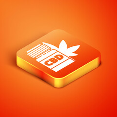 Isometric Medical bottle with marijuana or cannabis leaf icon isolated on orange background. Mock up of cannabis oil extracts in jars. Vector Illustration