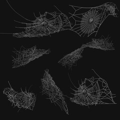 Collection of Cobweb, isolated on black, transparent background. Spiderweb for Halloween design. Spider web elements,spooky, scary,