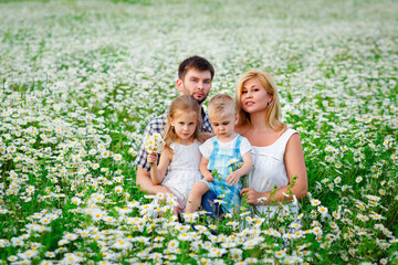 Happy family, mom, dad, son and daughter in a field of daisies. People in a flowering chamomile meadow in the summer.