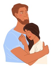 Bearded man and woman in love, couple cuddling