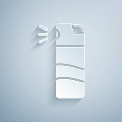 Paper cut Pepper spray icon isolated on grey background. OC gas. Capsicum self defense aerosol. Paper art style. Vector