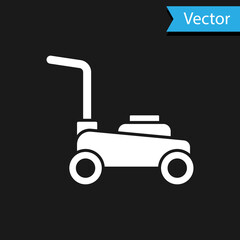 White Lawn mower icon isolated on black background. Lawn mower cutting grass. Vector