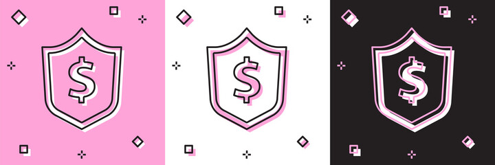 Set Shield with dollar symbol icon isolated on pink and white, black background. Security shield protection. Money security concept. Vector