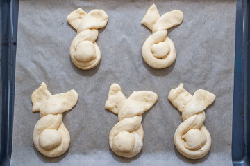 sweet home made easter bunny pastry. Making Easter Bunny Buns of delicious sweet dough