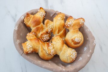 sweet home made easter bunny pastry. Making Easter Bunny Buns of delicious sweet dough
